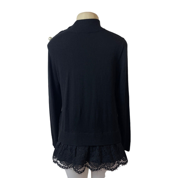 Kate Spade Broome Street Black Sweater With Lace Hem & Pearl Button Accents Sz M