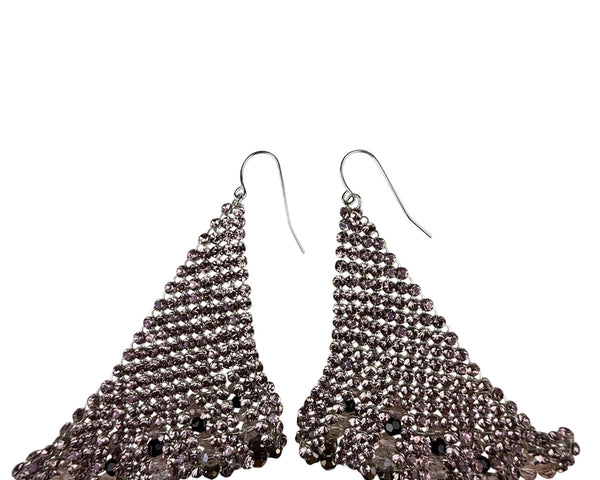 Silver Tone Handmade Dangling Beaded Earrings For Women Triangle Design Rhinestones