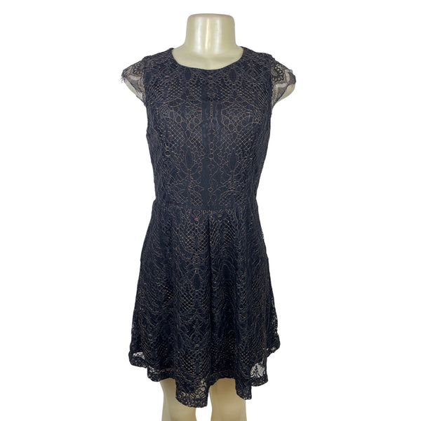 Alya Women’s Black Sleeveless Laced A-Line Mini Dress With Back Zipper Sz S