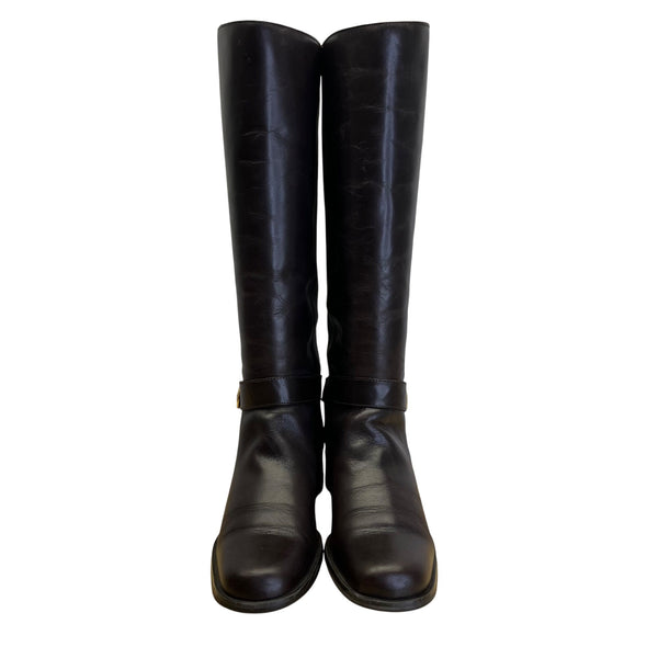 Etienne Aigner Women's Brown Leather Gold Accent Legacy II Tall Boots Size 8.5M