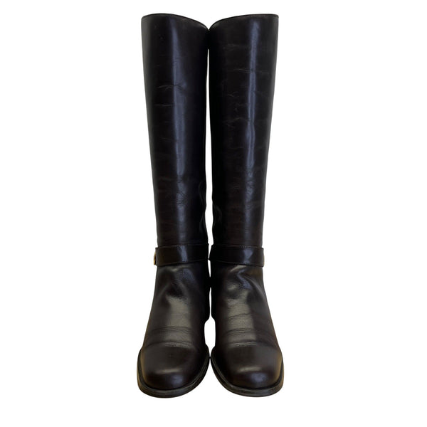 Etienne Aigner Women's Brown Leather Gold Accent Legacy II Tall Boots Size 8.5M