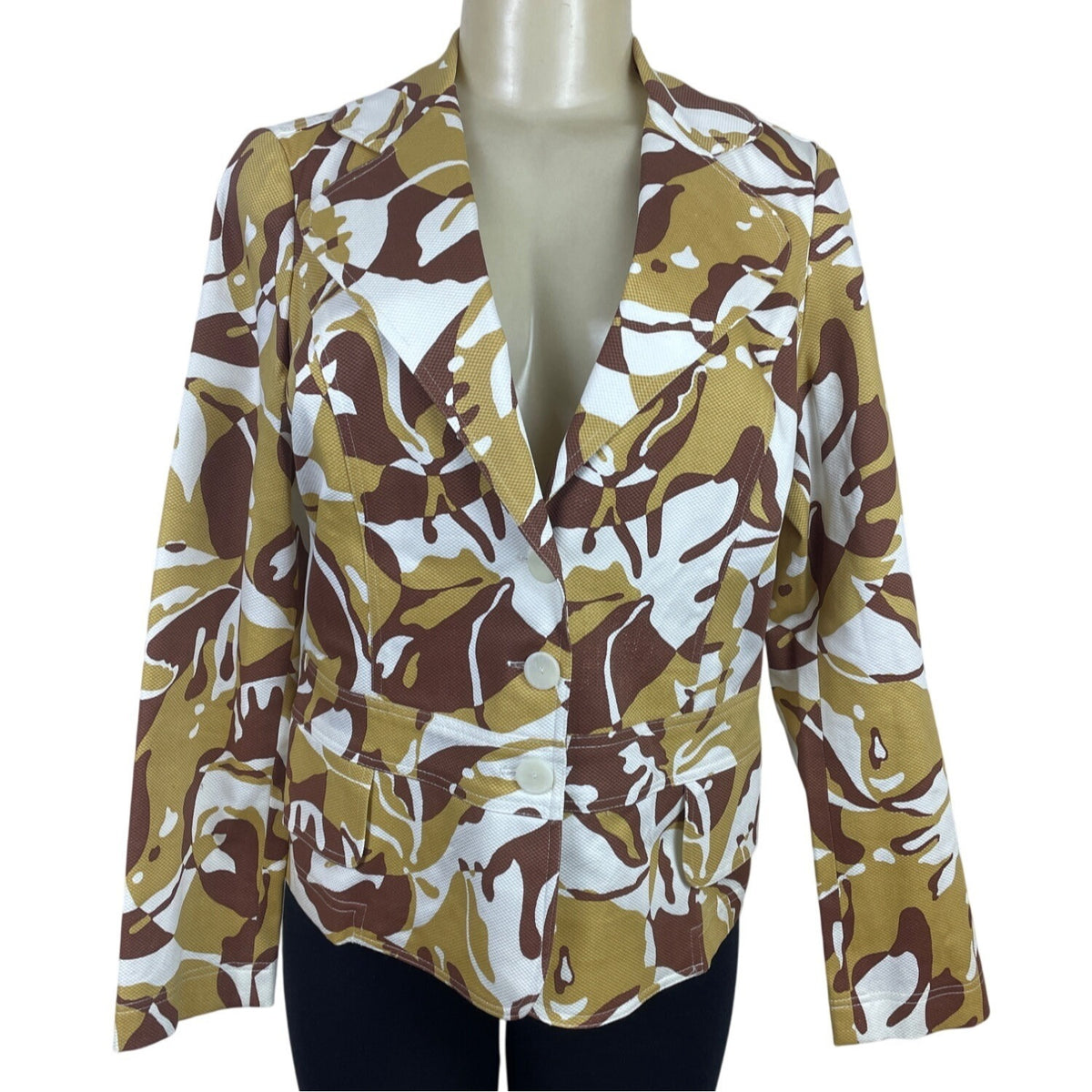 Anni Kuan Camouflage Print Wide Lapel Womens Blazer w/ Side Pockets Jacket Sz 10