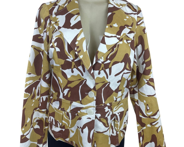 Anni Kuan Camouflage Print Wide Lapel Womens Blazer w/ Side Pockets Jacket Sz 10
