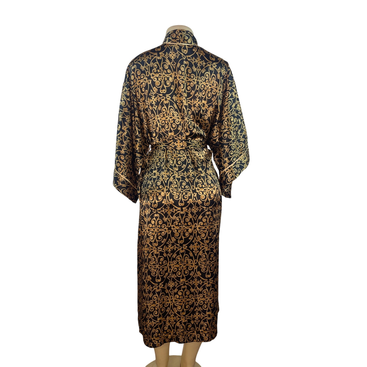 Natori Black & Gold Satin Kimono Robe With Belted Waist & Long Sleeves