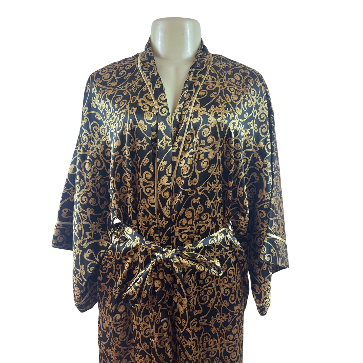 Natori Black & Gold Satin Kimono Robe With Belted Waist & Long Sleeves