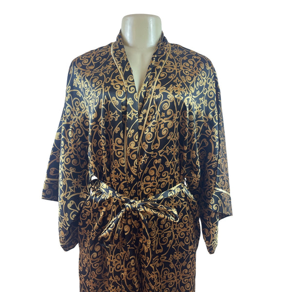 Natori Black & Gold Satin Kimono Robe With Belted Waist & Long Sleeves