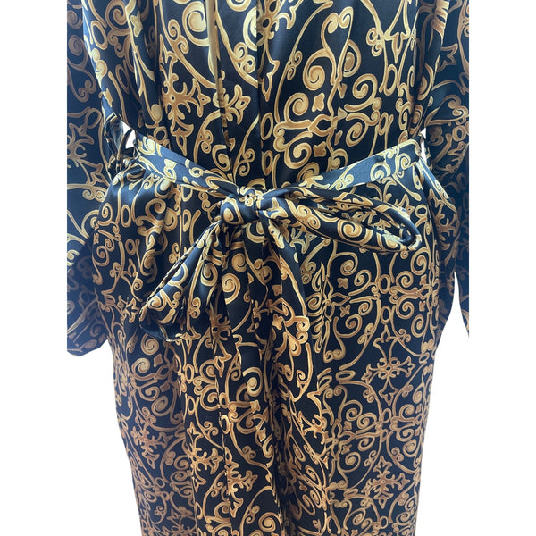 Natori Black & Gold Satin Kimono Robe With Belted Waist & Long Sleeves