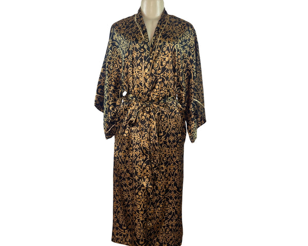 Natori Black & Gold Satin Kimono Robe With Belted Waist & Long Sleeves