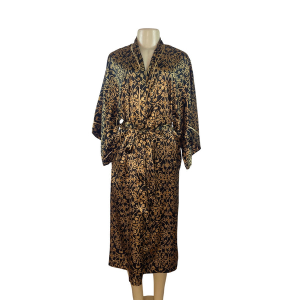 Natori Black & Gold Satin Kimono Robe With Belted Waist & Long Sleeves