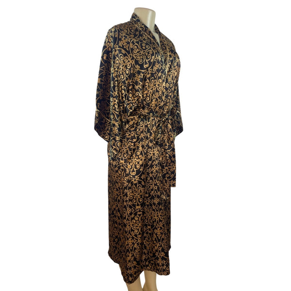 Natori Black & Gold Satin Kimono Robe With Belted Waist & Long Sleeves