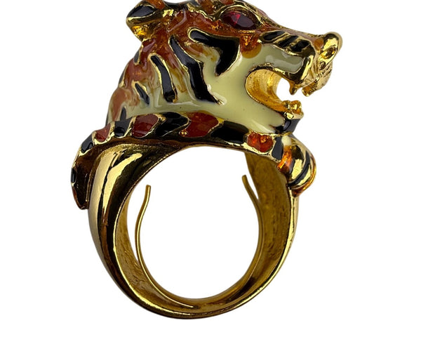 Vintage GKJ Enamel Gold Tone Adjustable Tiger Statement Ring Intricate Design