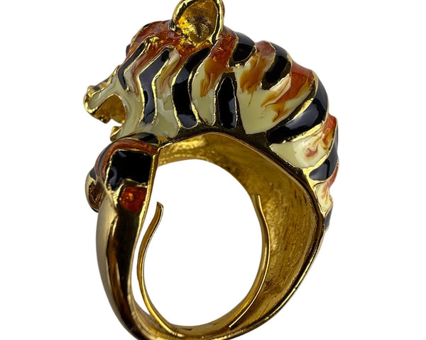 Vintage GKJ Enamel Gold Tone Adjustable Tiger Statement Ring Intricate Design