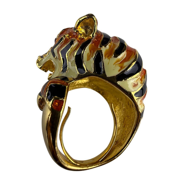 Vintage GKJ Enamel Gold Tone Adjustable Tiger Statement Ring Intricate Design