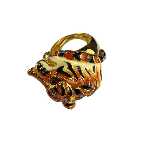 Vintage GKJ Enamel Gold Tone Adjustable Tiger Statement Ring Intricate Design