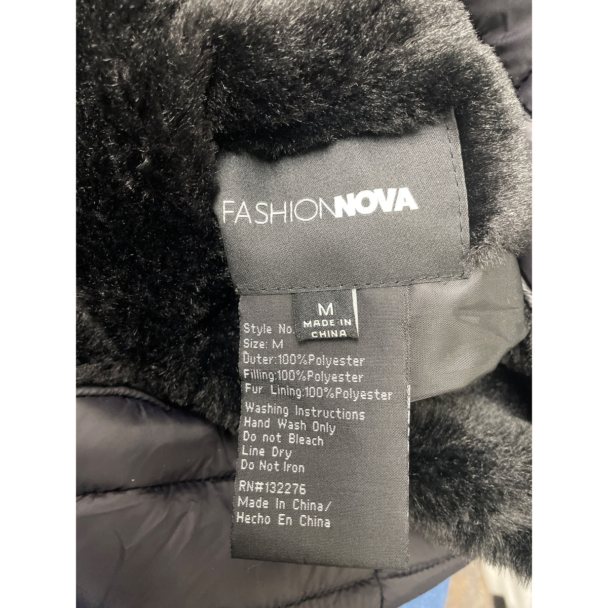 Fashion Nova Womens Black Puffer Jacket Hooded Polyester Fur Lined Size M