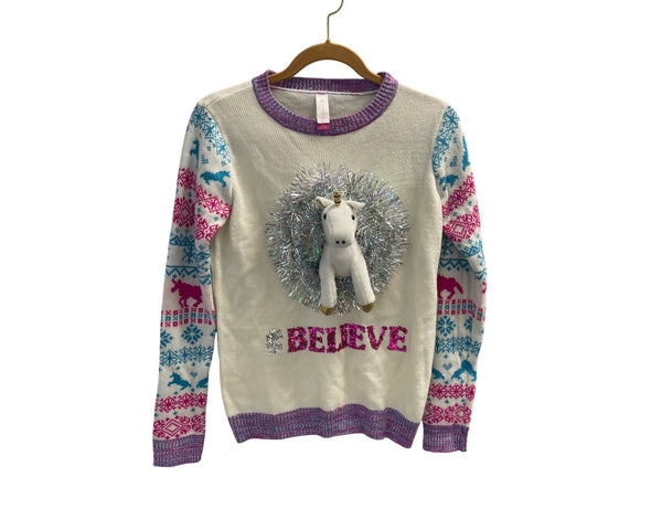 No Boundaries Girls Unicorn Believe Sweater White Multi-Color Size L (11-13)