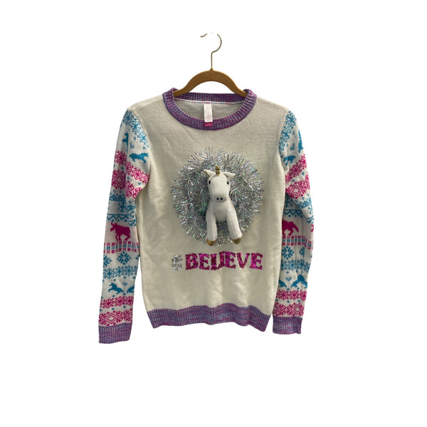 No Boundaries Girls Unicorn Believe Sweater White Multi-Color Size L (11-13)