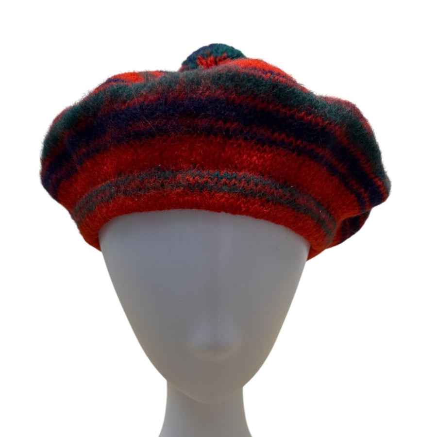 Vintage Wool Striped Knit Beret With Pom-Pom Red & Green Multicolor - One Size