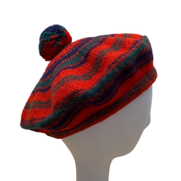 Vintage Wool Striped Knit Beret With Pom-Pom Red & Green Multicolor - One Size