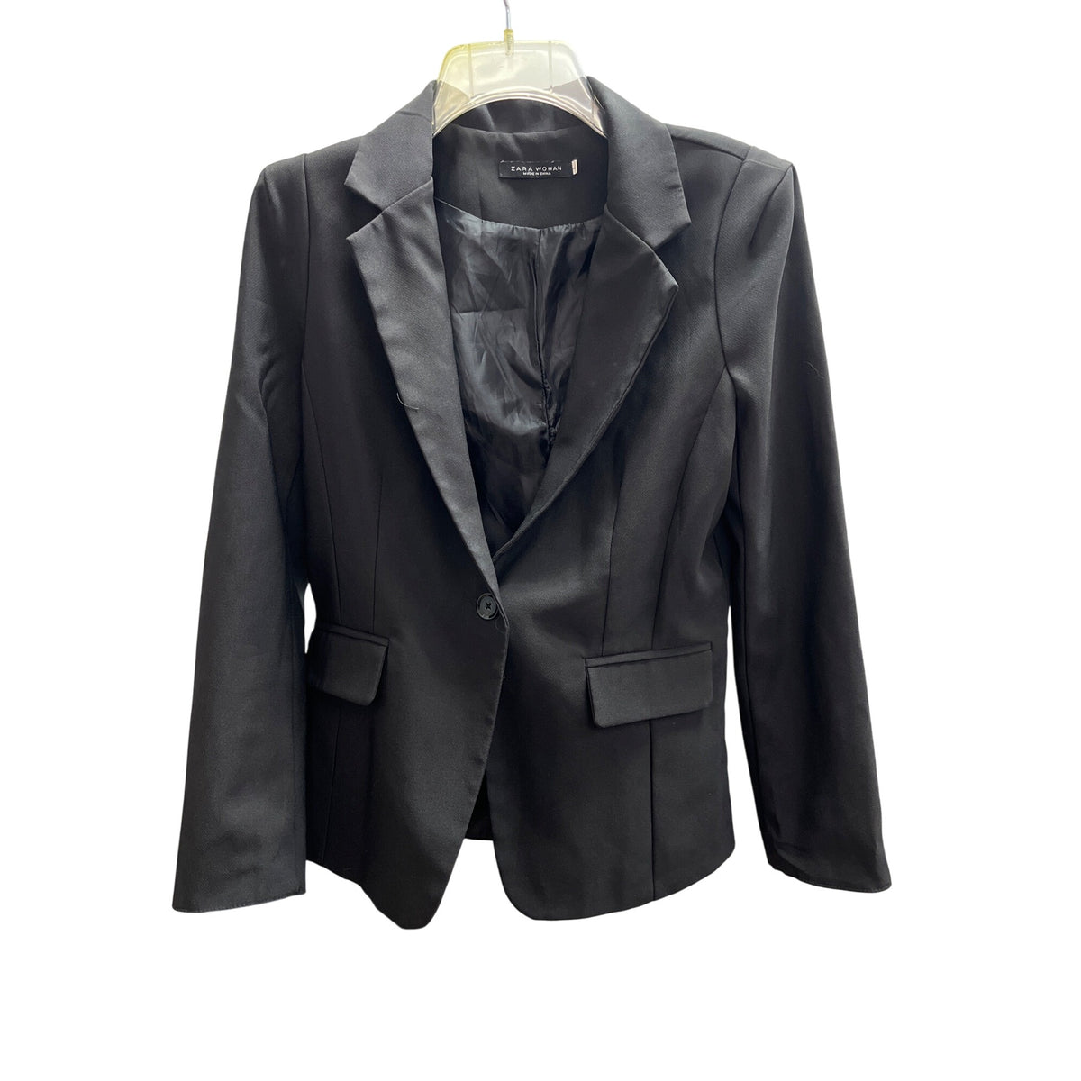 Zara Woman Black Polyester Single Button Blazer Jacket Lined Womens Size L