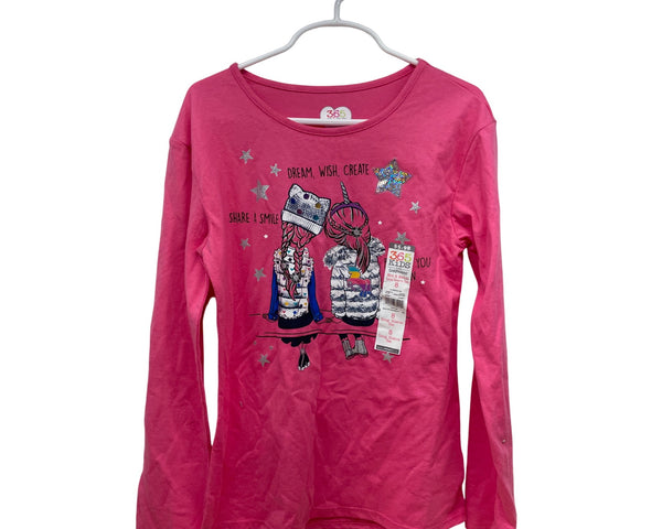 365 Kids Girls Pink Long Sleeve Graphic T-Shirt Unicorn & Stars Print Size 8