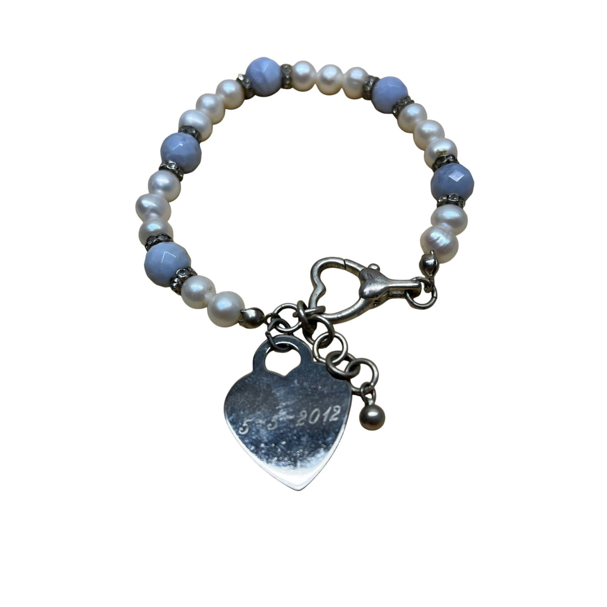 Pearl & Bead Womens Silver Bracelet With Heart Charm Adjustable Pearl & Bead Womens Silver Bracelet With Heart Charm Adjustable