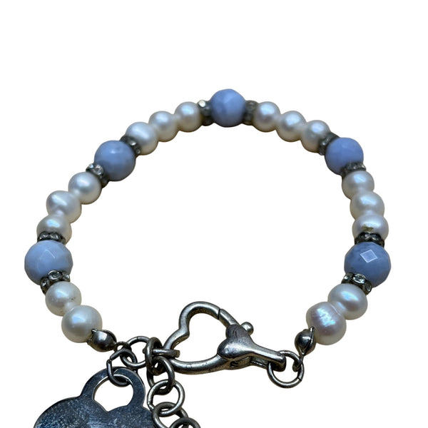 Pearl & Bead Womens Silver Bracelet With Heart Charm Adjustable Pearl & Bead Womens Silver Bracelet With Heart Charm Adjustable
