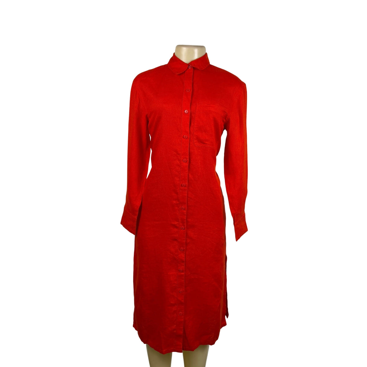 The Drop Red Linen Collared Button-Down Midi Shirt Dress Lightweight Sz XXS