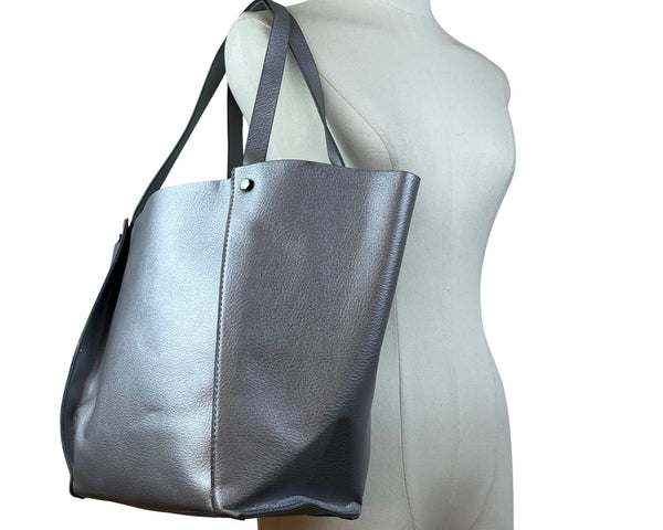Neiman Marcus Gray Faux Leather Dual Shoulder Straps & Open Top Design Tote Bag