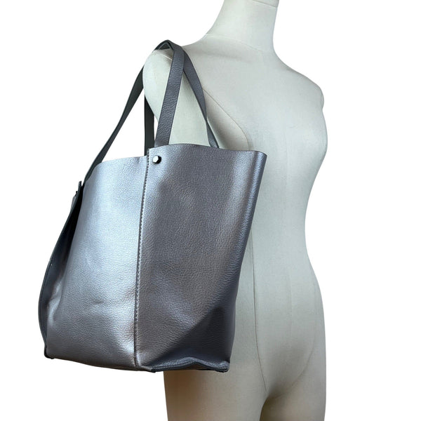 Neiman Marcus Gray Faux Leather Dual Shoulder Straps & Open Top Design Tote Bag