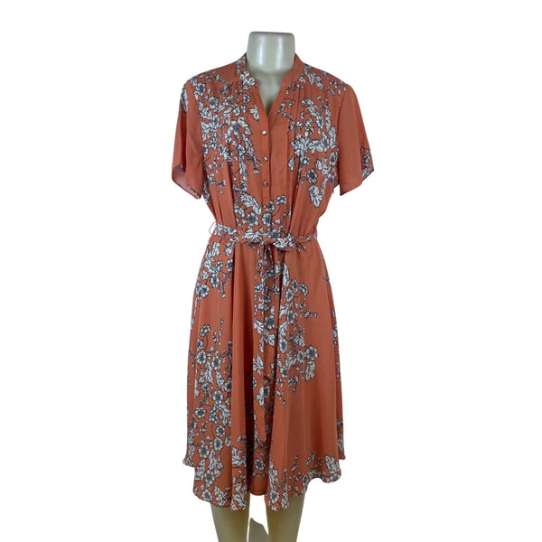 Nanette Floral Rust Short Sleeve Tie Waist Button Front Women's Dress Sz 12