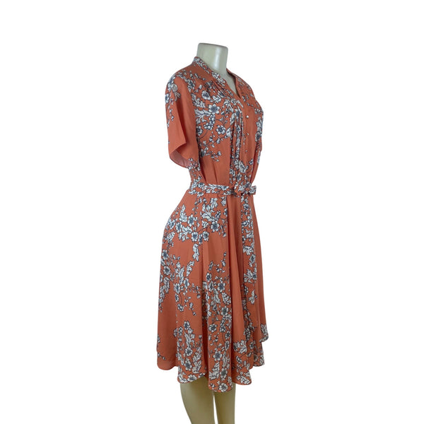 Nanette Floral Rust Short Sleeve Tie Waist Button Front Women's Dress Sz 12
