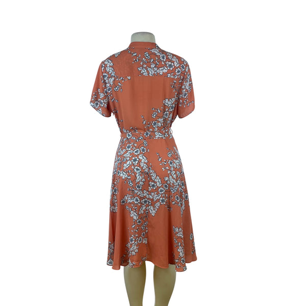 Nanette Floral Rust Short Sleeve Tie Waist Button Front Women's Dress Sz 12