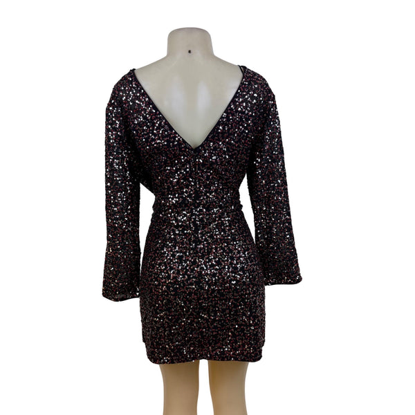 H&M Women's Black Sequin Mini Dress V-Neck  Sparkle Shine Size 14 - New