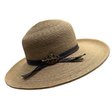 Cappelli Brown Wide Brim Straw Hat With Leaf Accent & Ribbon Band