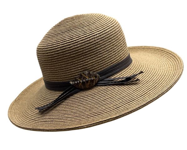 Cappelli Brown Wide Brim Straw Hat With Leaf Accent & Ribbon Band
