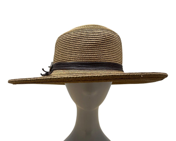 Cappelli Brown Wide Brim Straw Hat With Leaf Accent & Ribbon Band