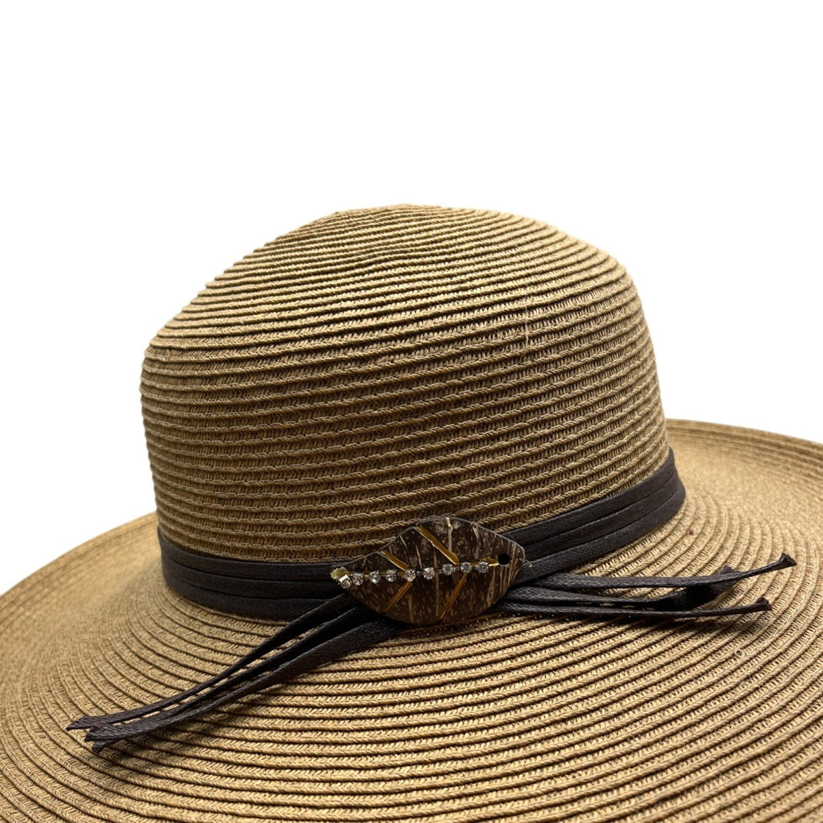 Cappelli Brown Wide Brim Straw Hat With Leaf Accent & Ribbon Band