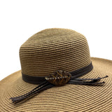Cappelli Brown Wide Brim Straw Hat With Leaf Accent & Ribbon Band