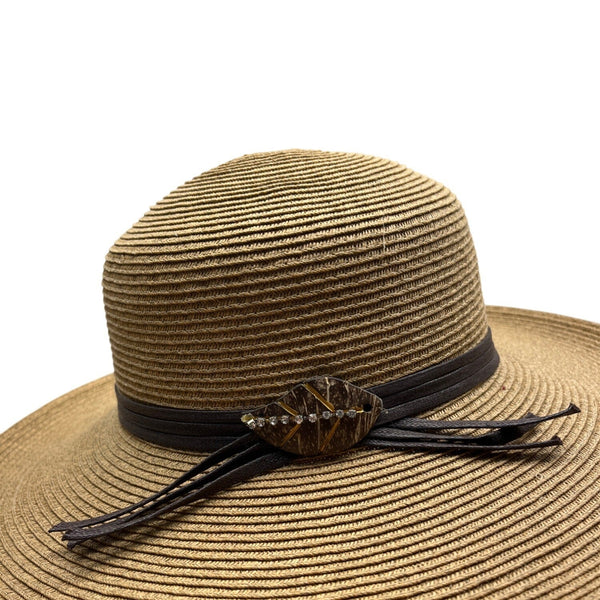 Cappelli Brown Wide Brim Straw Hat With Leaf Accent & Ribbon Band