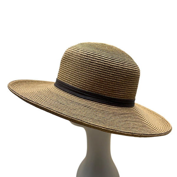 Cappelli Brown Wide Brim Straw Hat With Leaf Accent & Ribbon Band