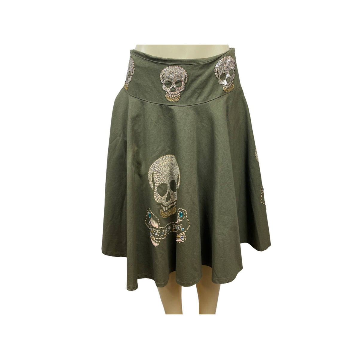 Free for Bumanity Olive Green Rhinestone Skull Embellished Skirt Size M- NEW