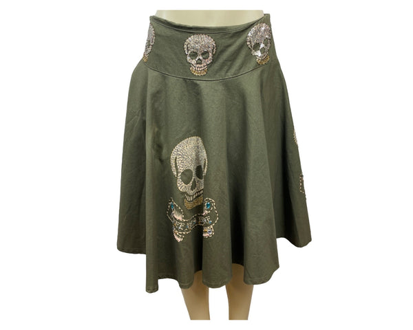Free for Bumanity Olive Green Rhinestone Skull Embellished Skirt Size M- NEW