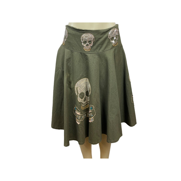 Free for Bumanity Olive Green Rhinestone Skull Embellished Skirt Size M- NEW