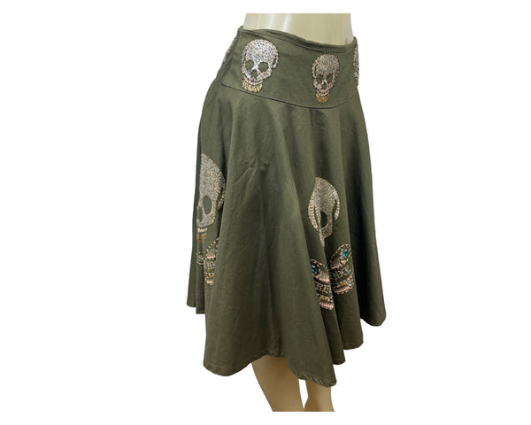 Free for Bumanity Olive Green Rhinestone Skull Embellished Skirt Size M- NEW