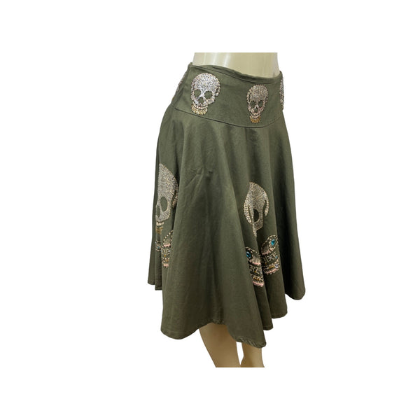 Free for Bumanity Olive Green Rhinestone Skull Embellished Skirt Size M- NEW