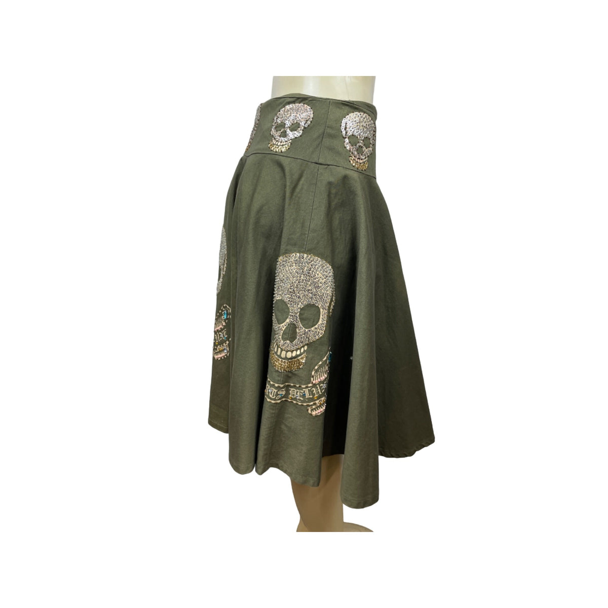Free for Bumanity Olive Green Rhinestone Skull Embellished Skirt Size M- NEW
