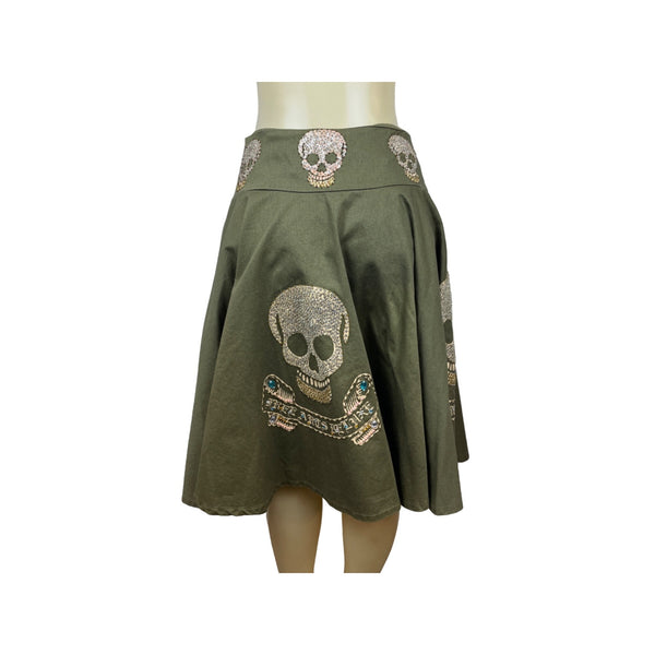 Free for Bumanity Olive Green Rhinestone Skull Embellished Skirt Size M- NEW