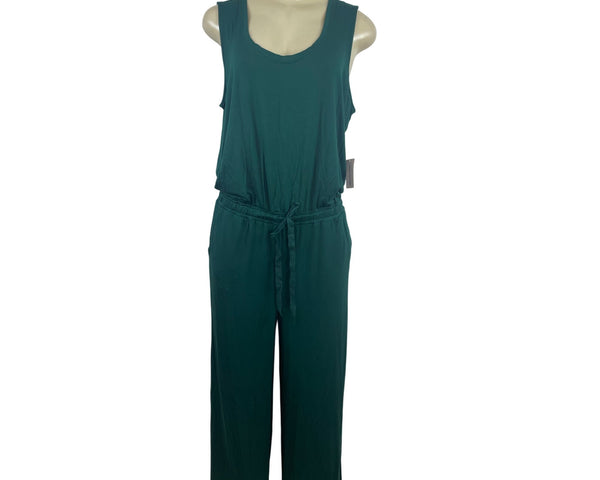 Essentials Women’s Sleeveless Teal Green Jumpsuit W/ Tie Waist Sz L - New