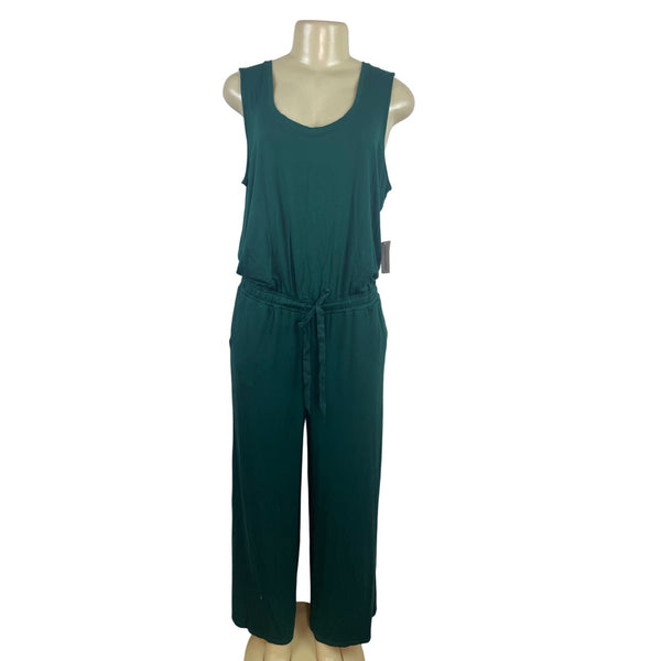 Essentials Women’s Sleeveless Teal Green Jumpsuit W/ Tie Waist Sz L - New